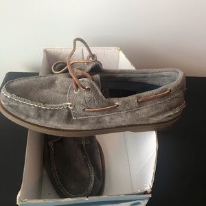Grey sperry boat shoes